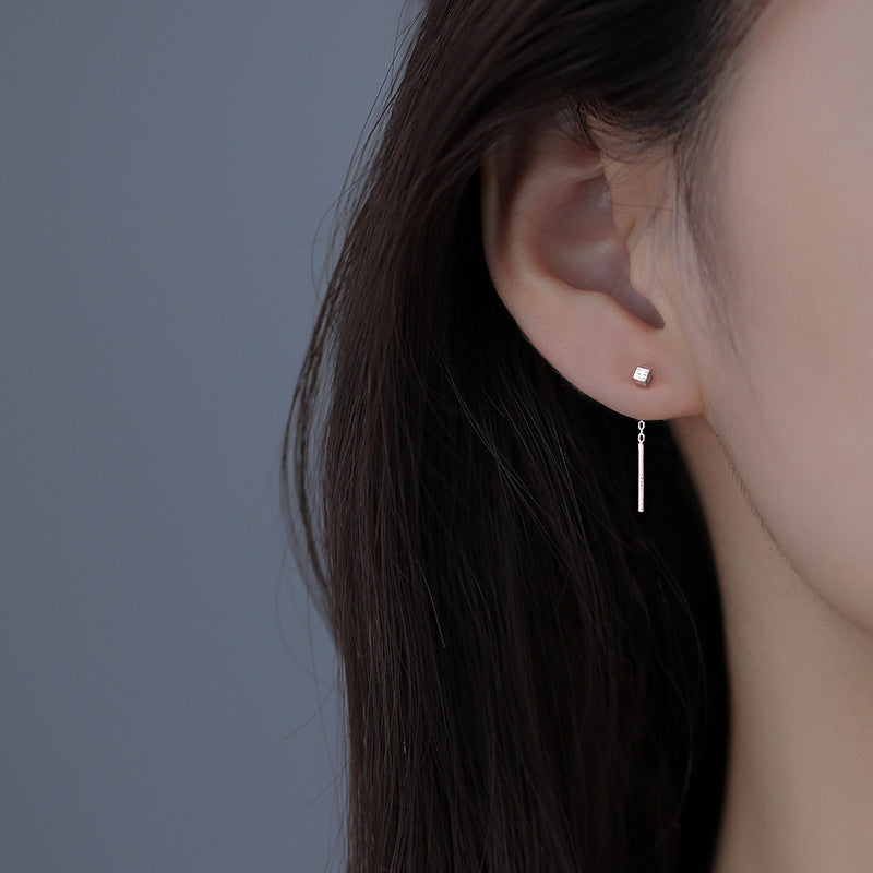Small Square Ear Line Silver Drop Earrings for Women