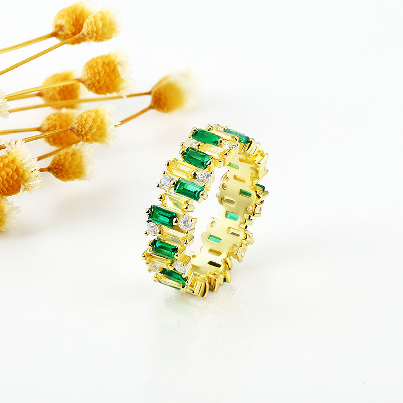 Emerald Cut Green and Yellow Zircon Beaded Silver Ring for Women