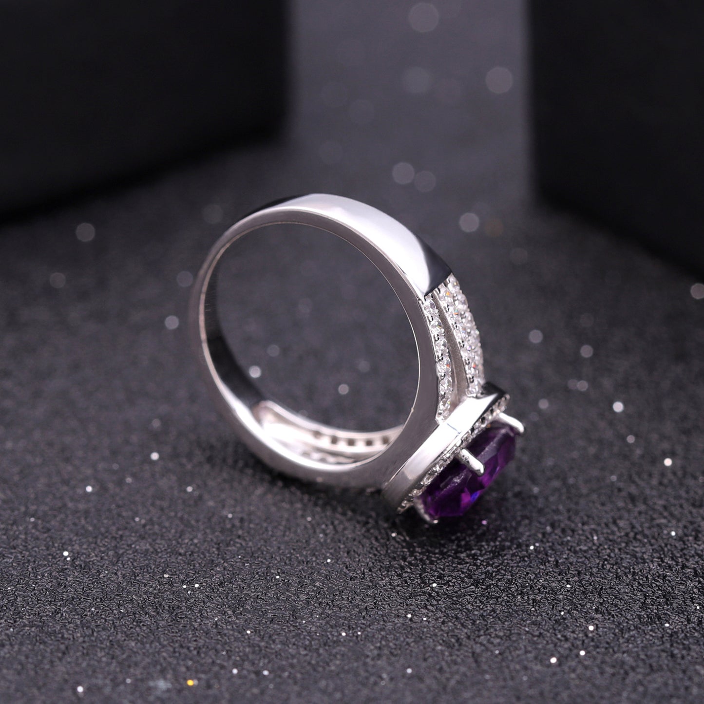 Natural Amethyst Court Style Oval Soleste Halo Modern Split Shank Silver Ring for Women