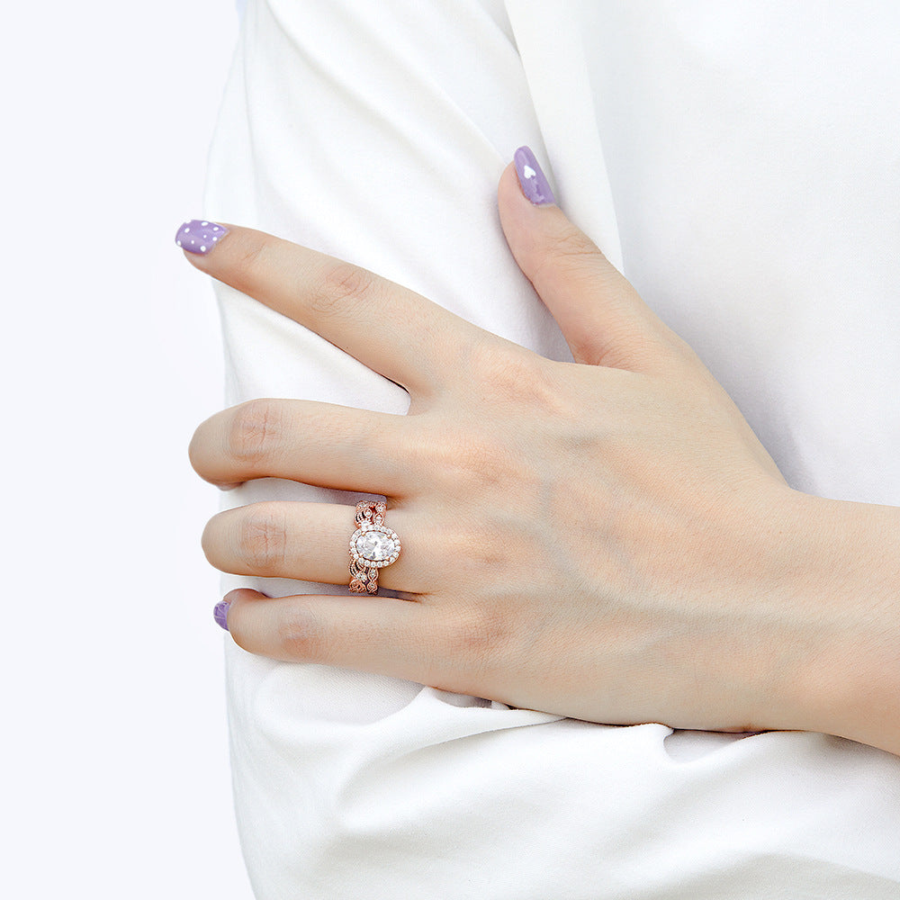 Oval Zircon Soleste Halo Retro Pattern Silver Ring Set for Women