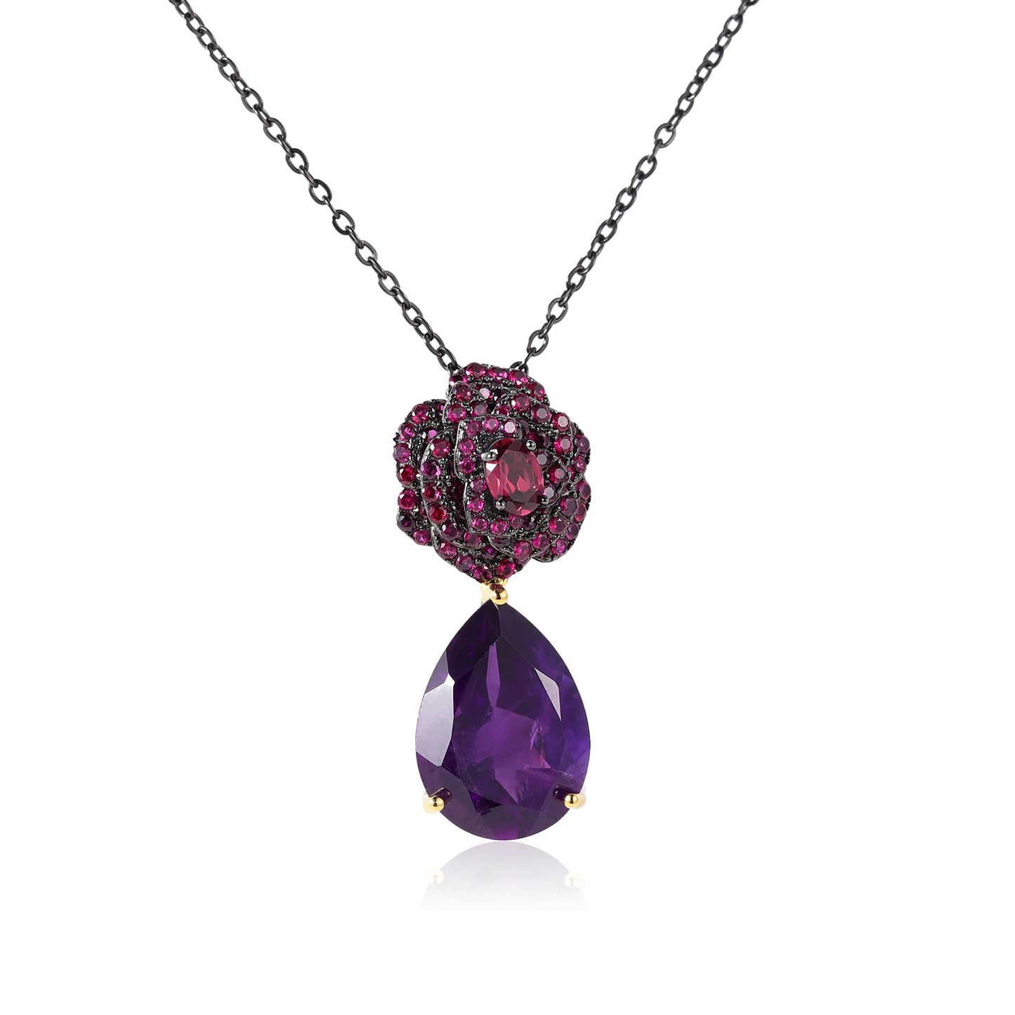 Charm Luxury Style Inlaid Gemstones with Natural Amethyst Rose Tears Pendant Silver Necklace for Women