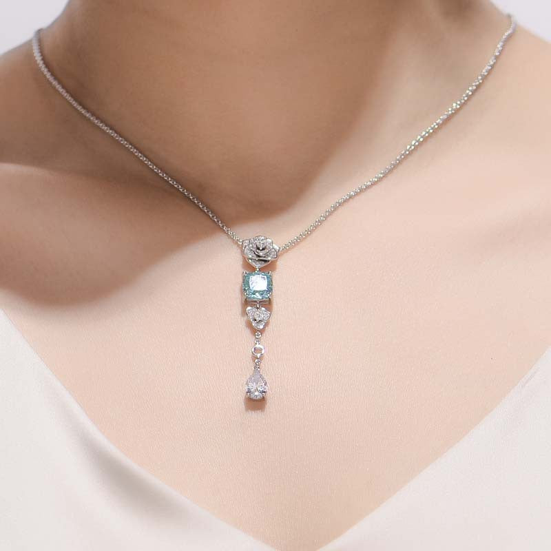 Lake Blue Zircon 8*8mm Cushion Ice Cut Camellia Silver Water Drop Pendants Necklace for Women