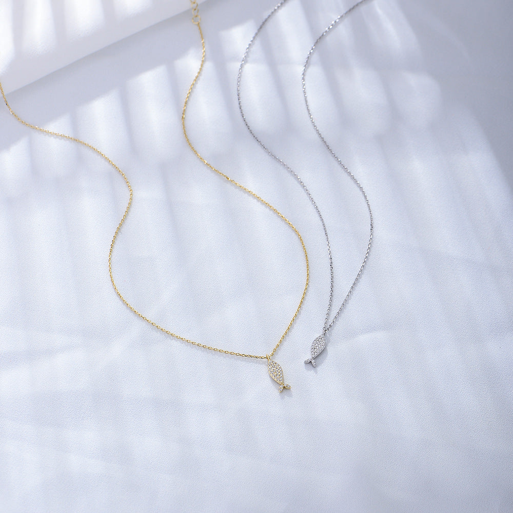 Full Zircon Small Fish Pendant Sterling Silver Necklace for Women