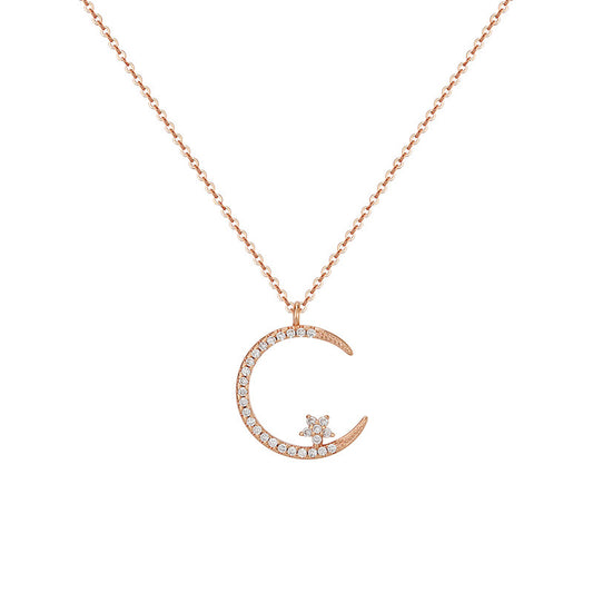 Zircon Crescent Moon with Little Star Silver Necklace for Women