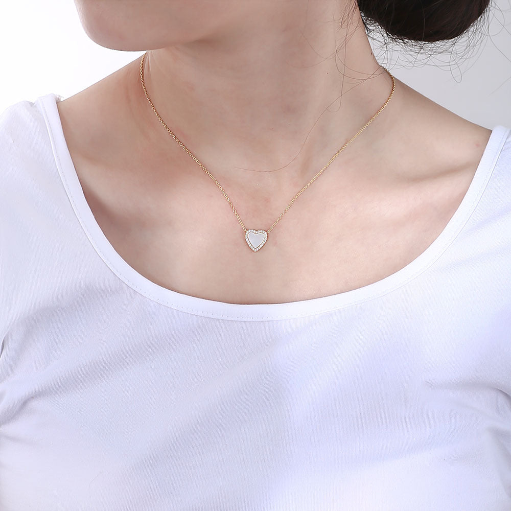Heart-shaped Mother of Pearl with Zircon Pendant Silver Necklace for Women