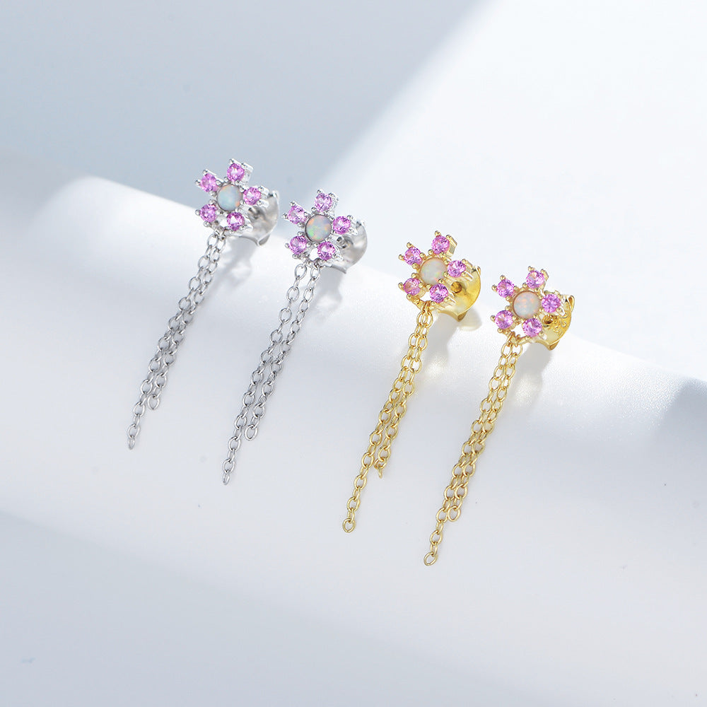 Pink Zircon Flowers Tassel Silver Drop Earrings for Women