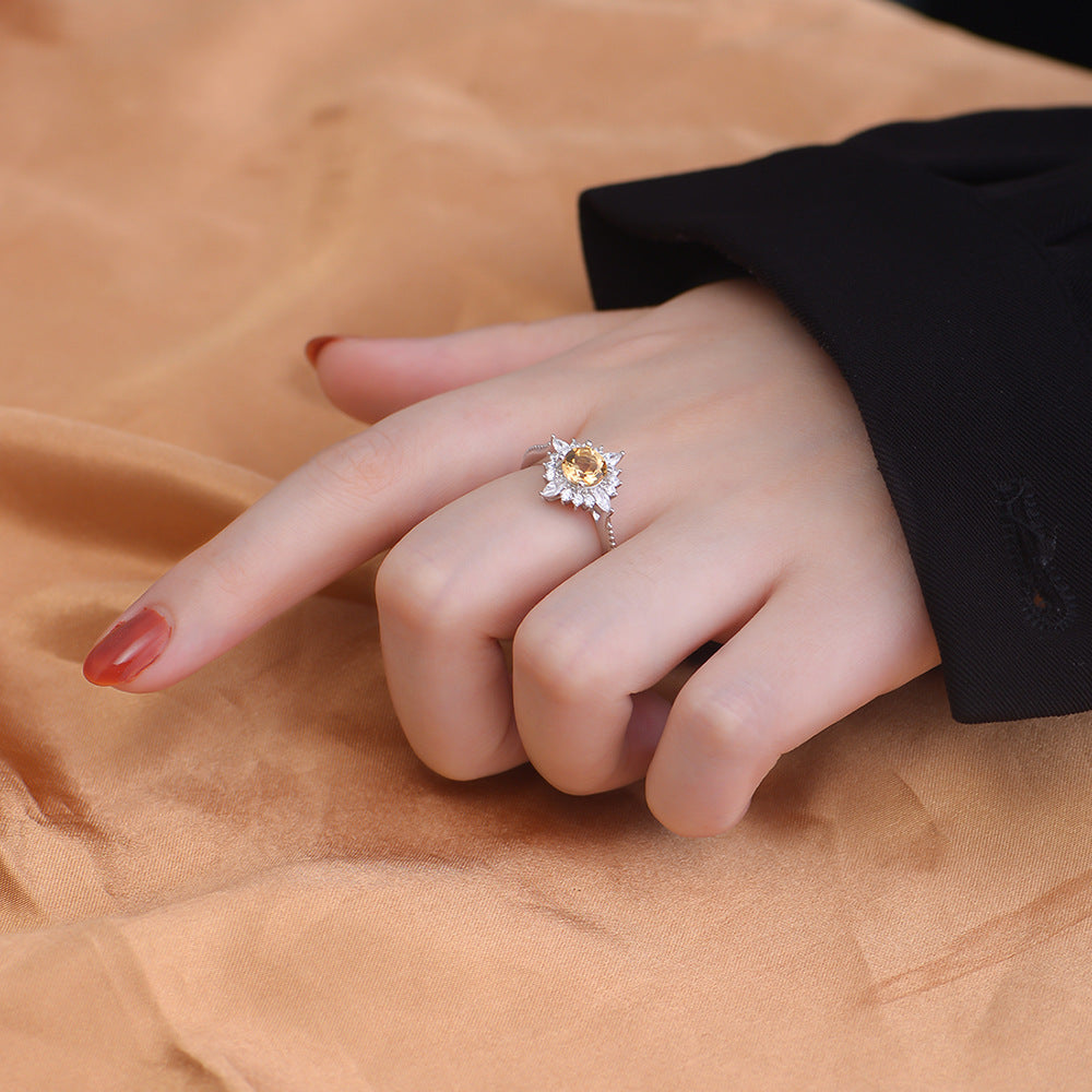 Yellow Crystal Sun Shape Sodeste Halo Sterling Silver Ring for Women