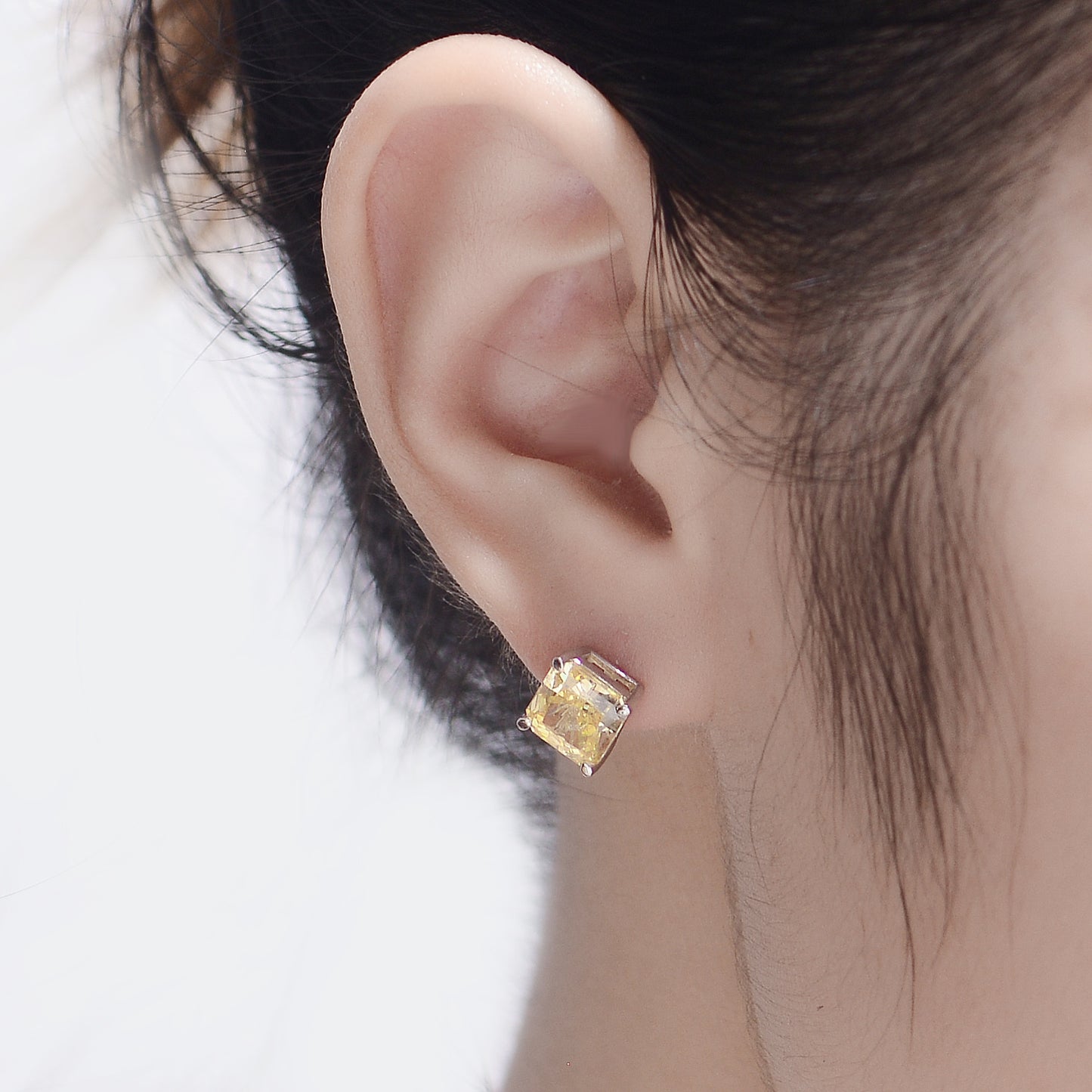 Yellow Zircon 7*7mm Cushion Ice Cut Four Prongs Silver Studs Earrings for Women