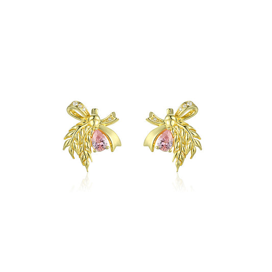 Pink Zircon Bowknot Silver Studs Earrings for Women