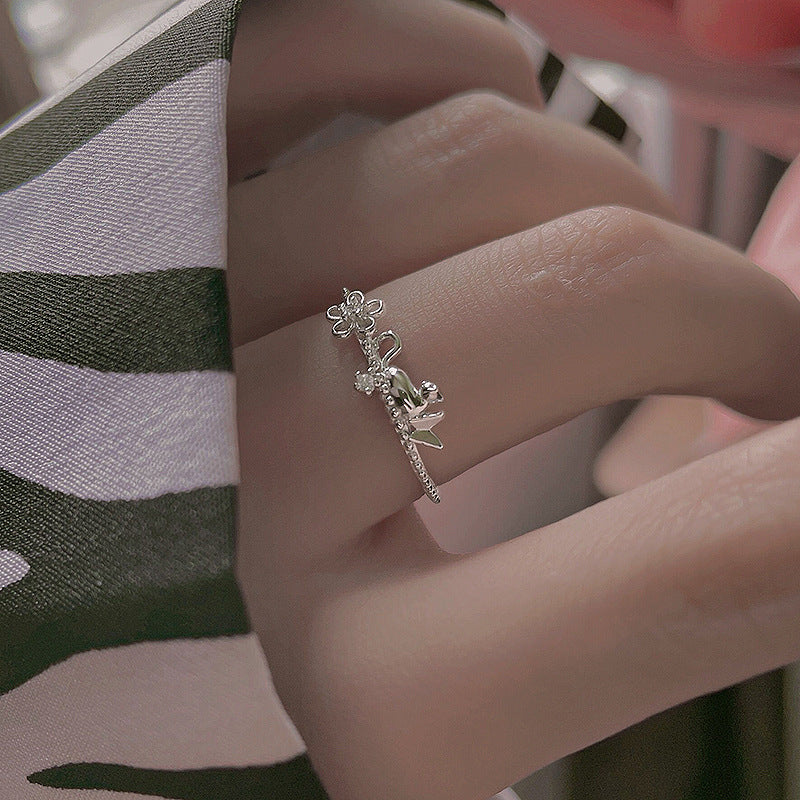 Flower Kitten Silver Ring for Women