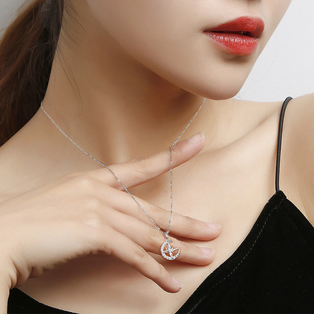 Zircon Moon with Star Pendant Silver Necklace for Women