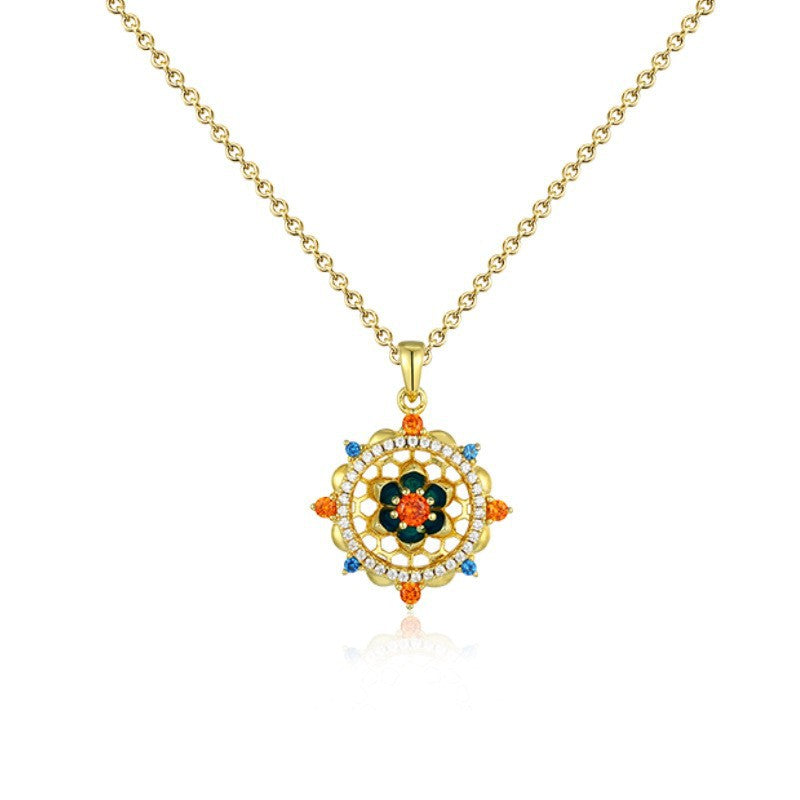 Lotus Pattern Series Colourful Zircon Flower Pendant Silver Necklace for Women