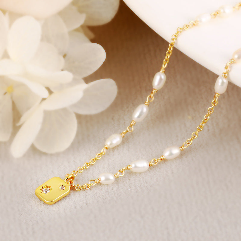 Beading Pearl Rectangular with Zircon Silver Necklace for Women