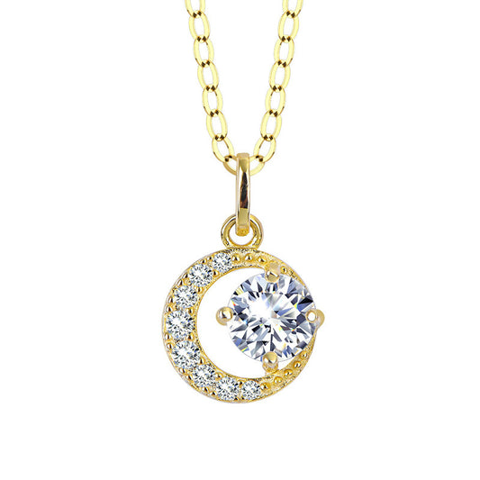 Crescent Moon with Round Zircon Pendant Silver Necklace for Women
