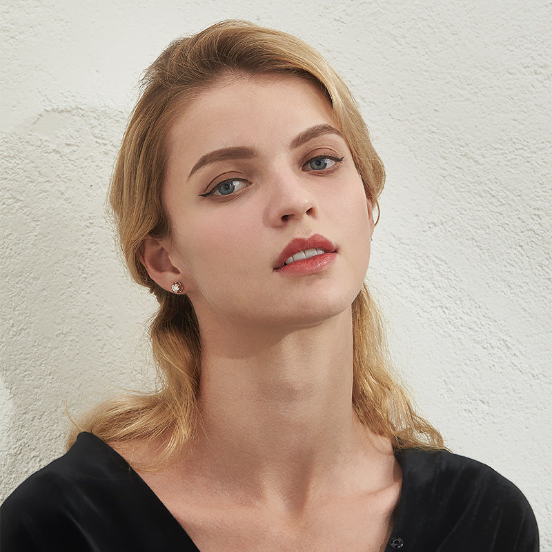 Round Zircon Flower Silver Studs Earrings for Women