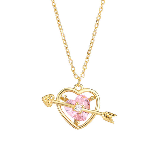 Pink  Zircon Cupid Arrow Heart Pendant Silver Necklace for Women