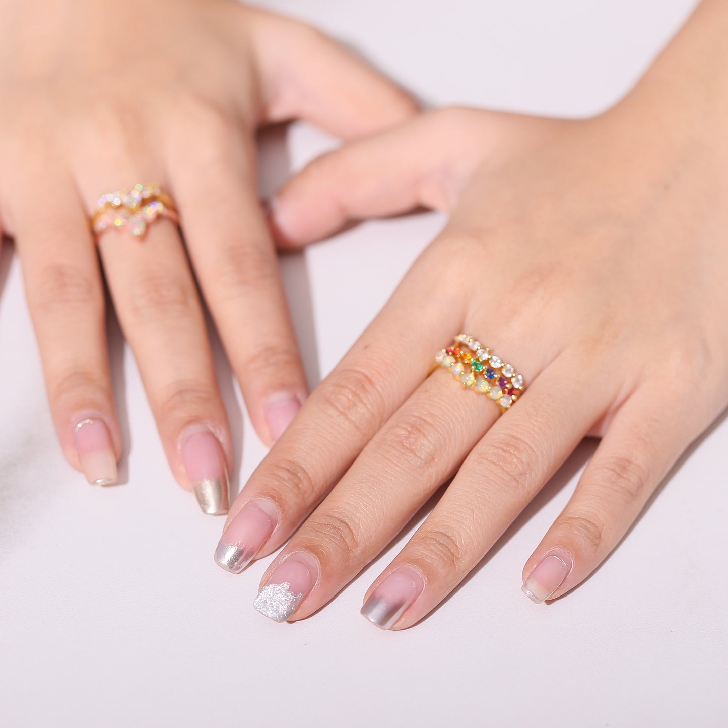 Golden Luxury V Shape 14k Gold Plated S925 Sterling Silver Inlaid Colored Gems Fashion and Simple Style Ring for Women