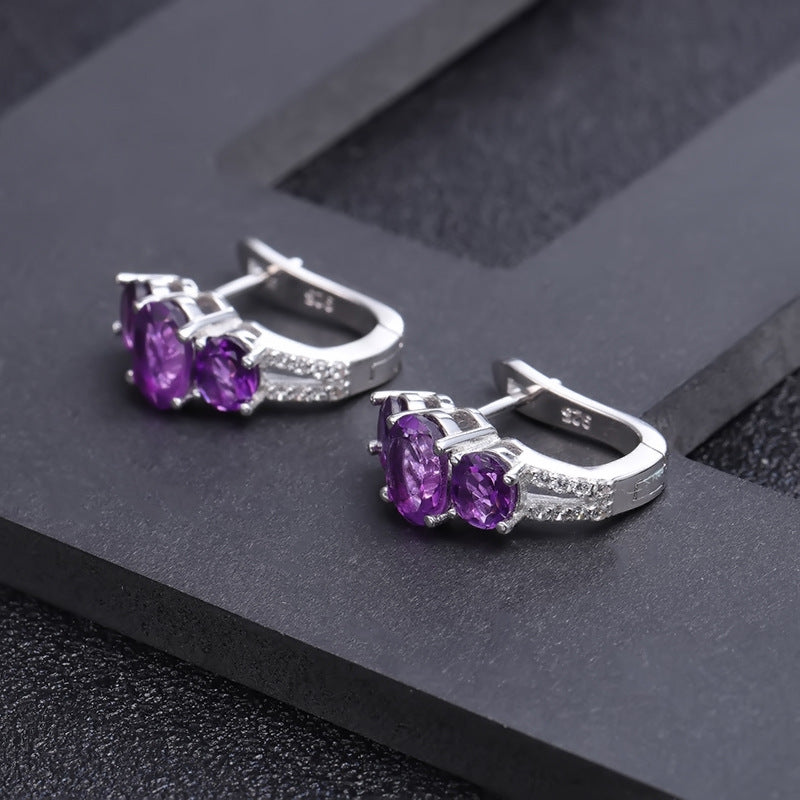 Natural Amethyst Oval Shape Three Stones Silver Studs Earrings for Women