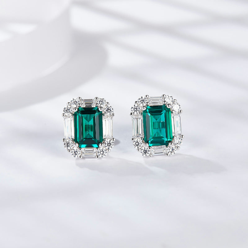 Lab-Created Emerald Rectangle 6*8mm Silver Studs Earrings for Women