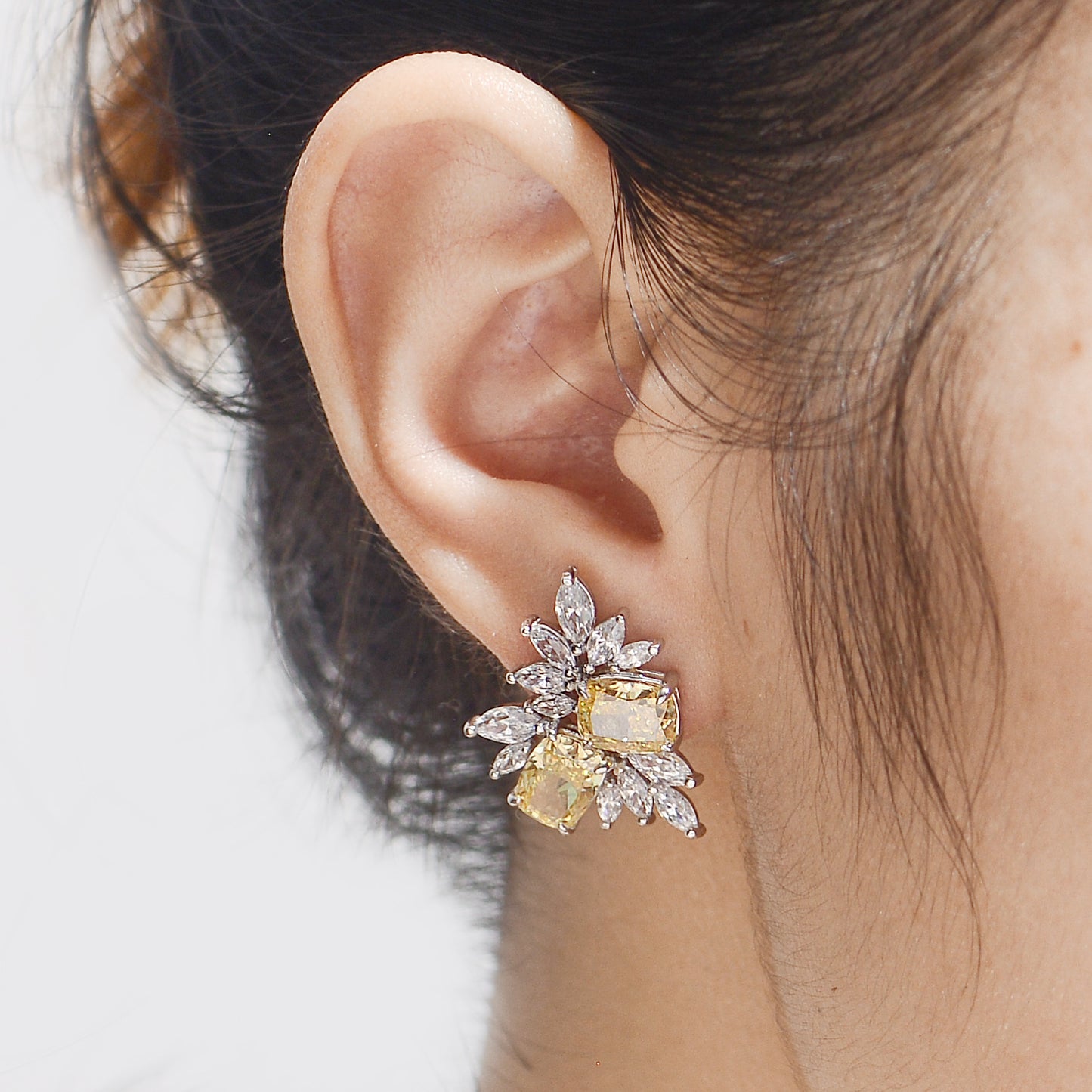 Yellow Zircon 6*8mm Cushion Ice Cut Silver Studs Earrings for Women