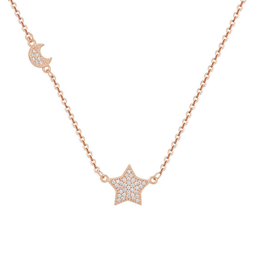 Full Zircon Star Pendant with Moon Silver Necklace for Women