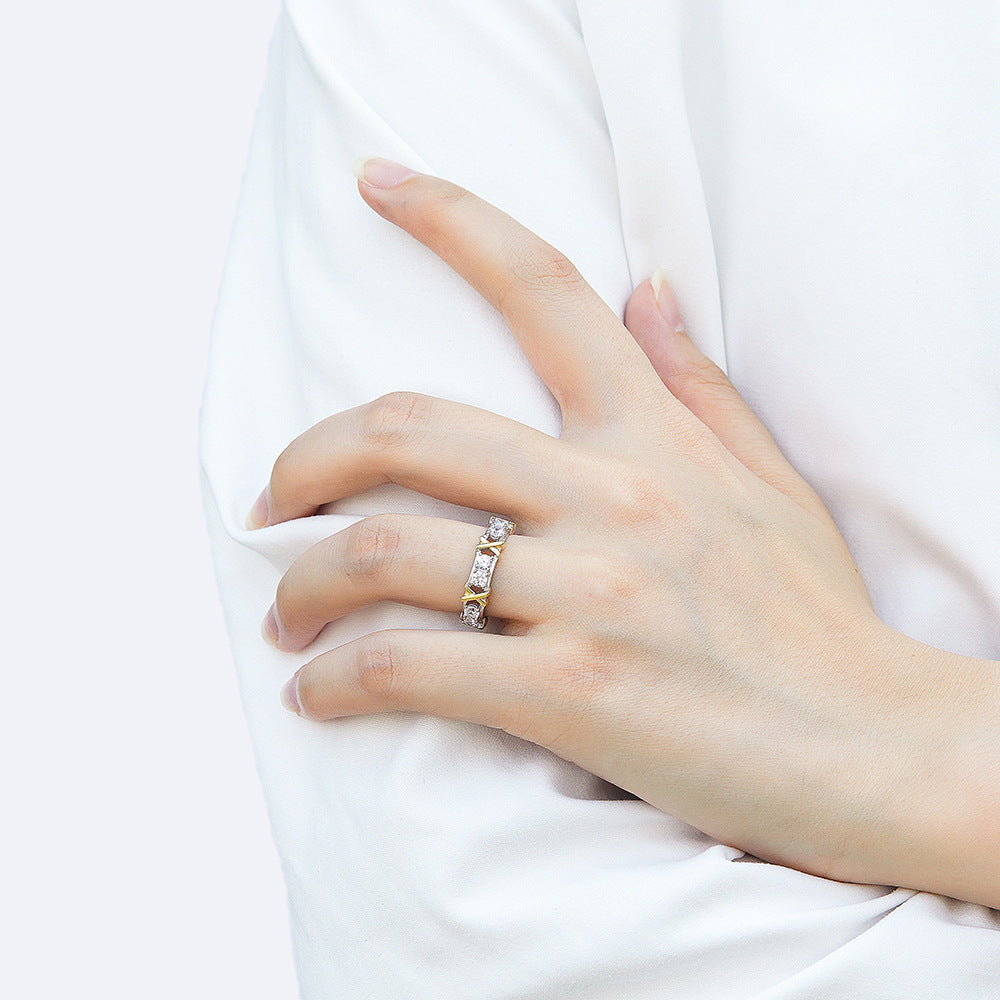 Golden X with Beading Round Zircon Silver Ring for Women