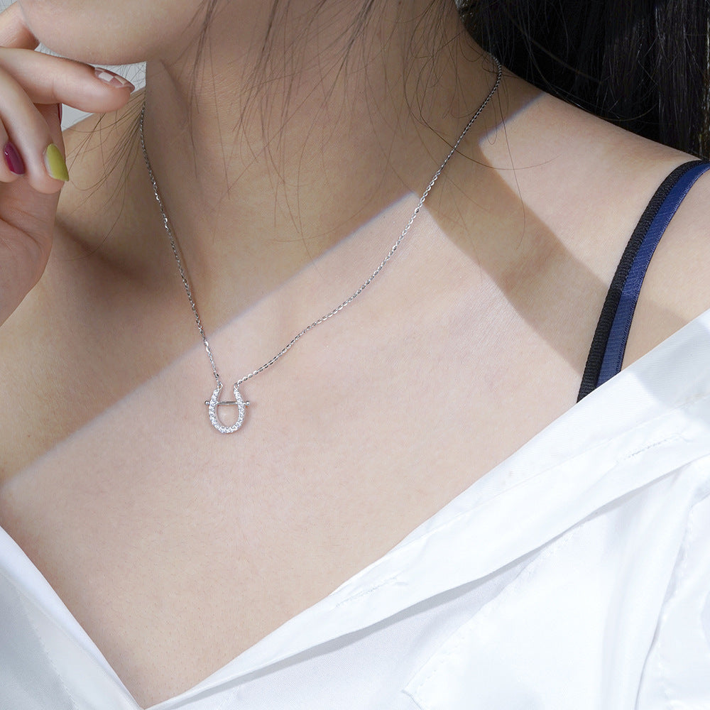 (Two Colours) White Zircon U-shaped Horseshoe Pendants 925 Silver Collarbone Necklace for Women