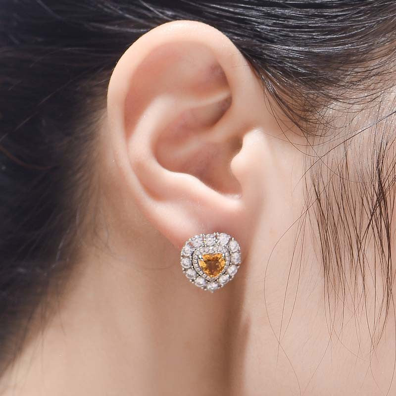 Natural Yellow Crystal 6*6mm Heart Shape Soleste Halo Silver Studs Earrings for Women