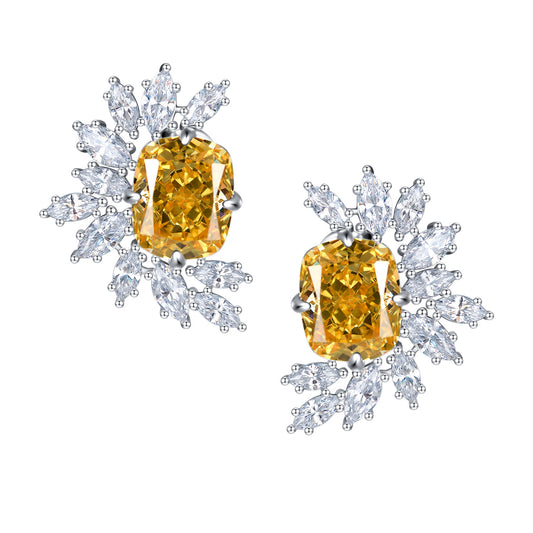 Yellow Zircon 9*11mm Rectangle Ice Cut Half Annular Petals Silver Studs Earrings for Women
