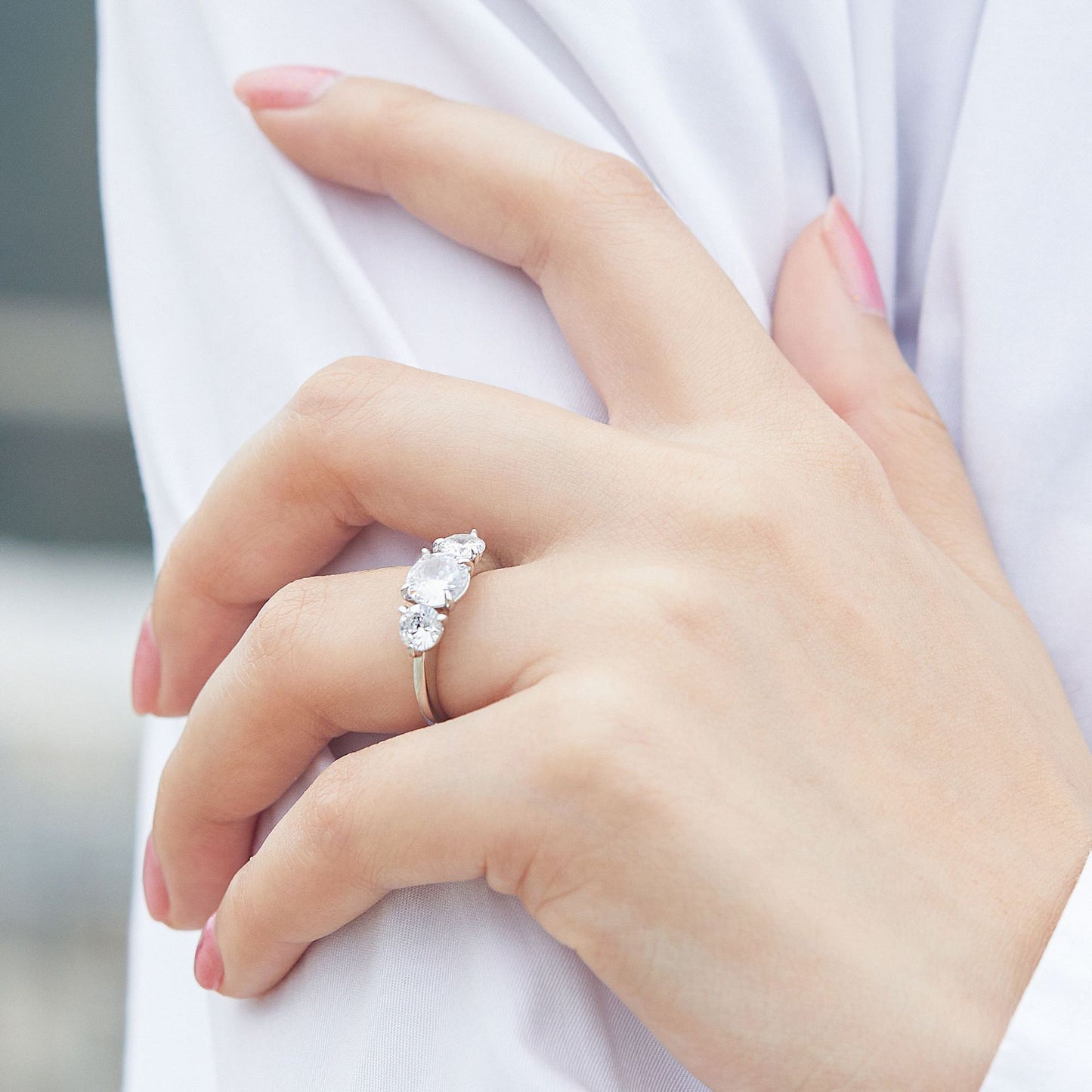 Round Zircon Three Stone Silver Ring