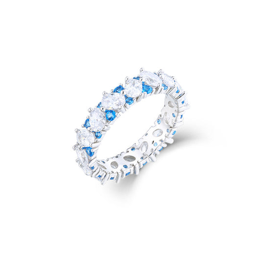 White and Blue Zircon Beaded Silver Ring