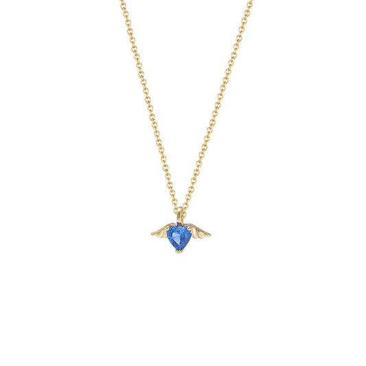 Blue Heart Zircon with Angel Wings Pendant Silver Necklace for Women