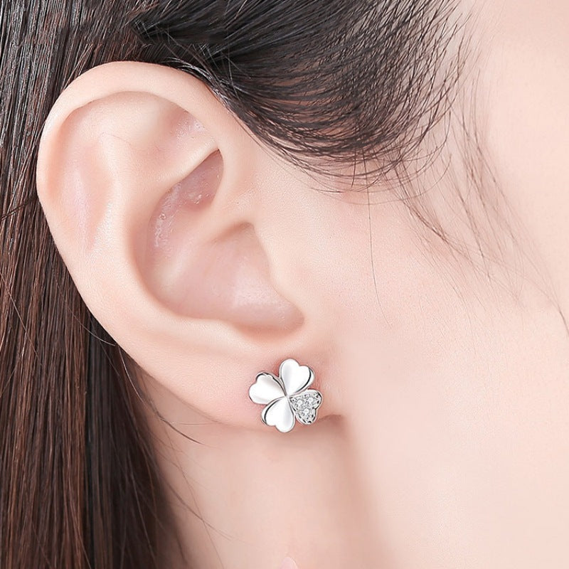 Four-leaf Clover with Zricon Silver Studs Earrings for Women