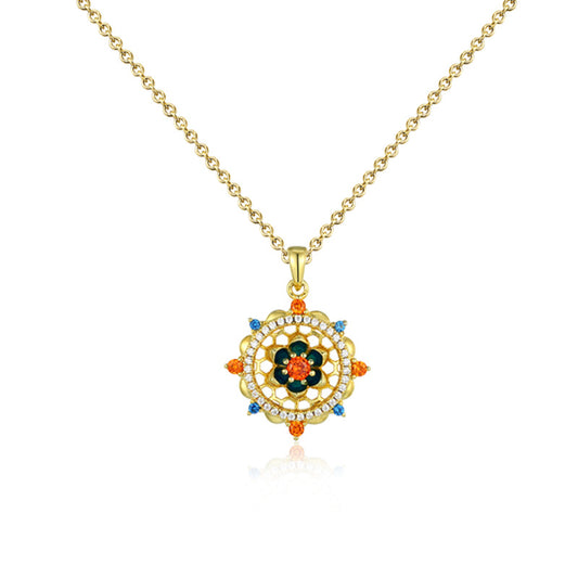 Lotus Pattern Series Colourful Zircon Flower Pendant Silver Necklace for Women