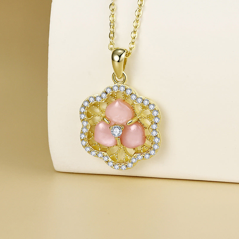 Pink Mother-of-pearl Hollow Flower with Zircon Pendant Silver Necklace for Women