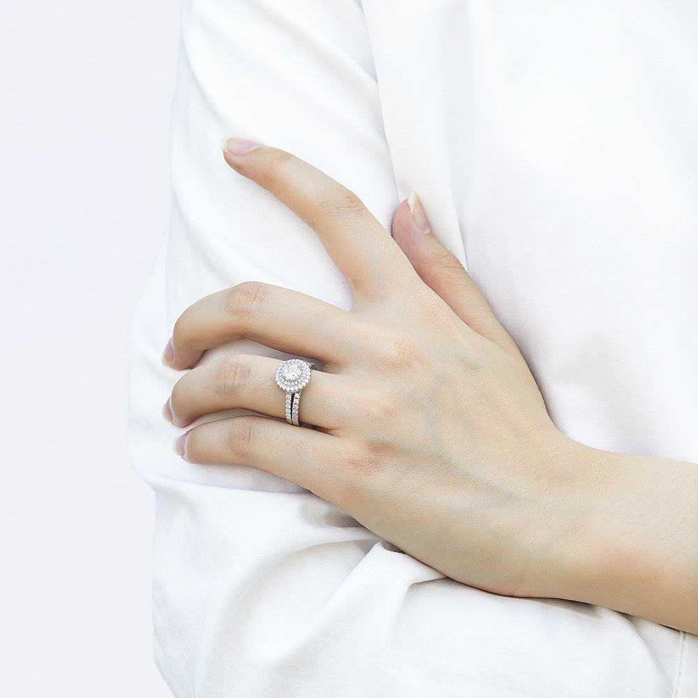 Round Zircon Double Soleste Halo with Half Eternity Pink Zircon Silver Ring Set