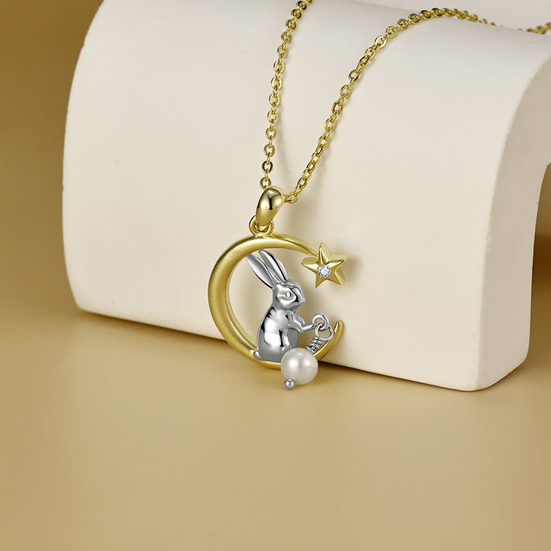Moon Star Bunny with Freshwater Pearl Pendant Silver Necklace for Women