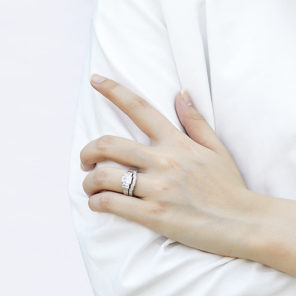 Radiant Cut Zircon Threestone Silver Ring Set