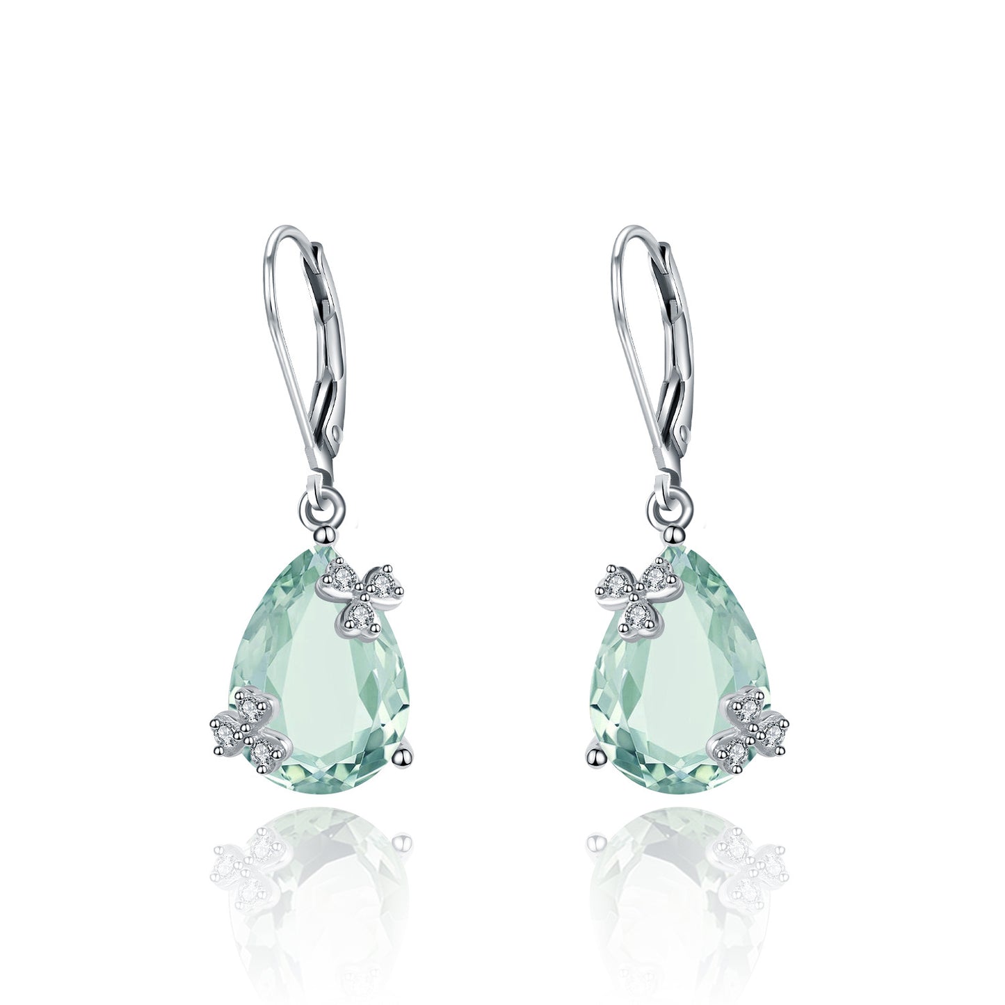 Personalized Design Natural Cyan Crystal Pear Drop Three Prongs with Flower Silver Drop Earrings for Women