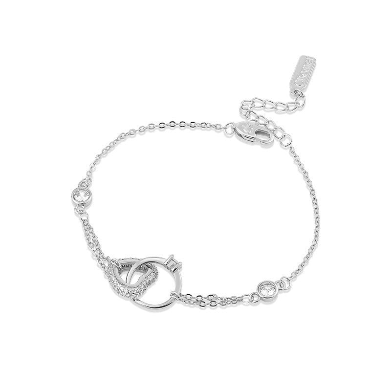 Zircon Hollow Heart Buckle Ring Silver Bracelet for Women