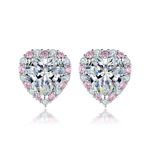 Heart with Pink Zircon Silver Studs Earrings for Women