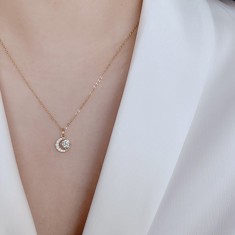 Crescent Moon with Round Zircon Pendant Silver Necklace for Women