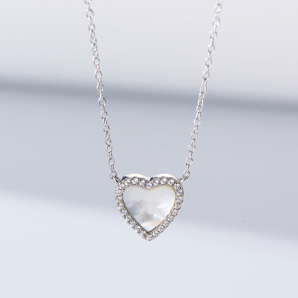 Heart-shaped Mother of Pearl with Zircon Pendant Silver Necklace for Women