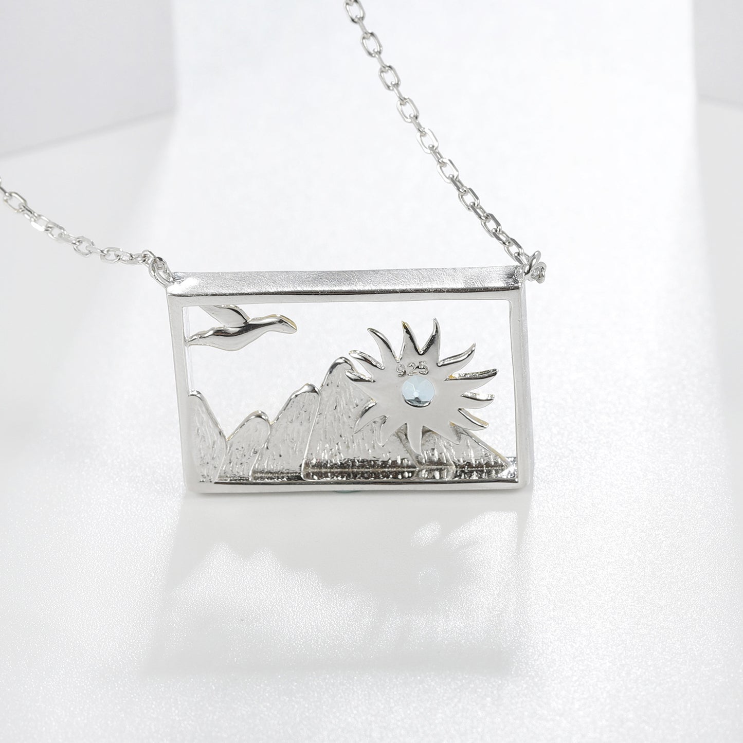 Fashion Design Inlaid Natural Colorful Gemstone Sunrise and Sunset Rectangle Pendant Silver Necklace for Women