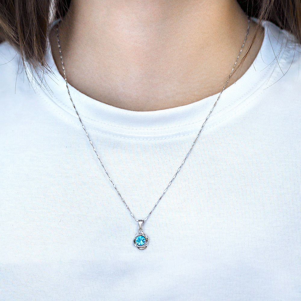 Blue Topaz Rose Petal Pendant Silver Necklace for Women