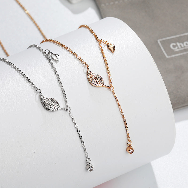 Leaves with Zircon Tassels Silver Necklace for Women