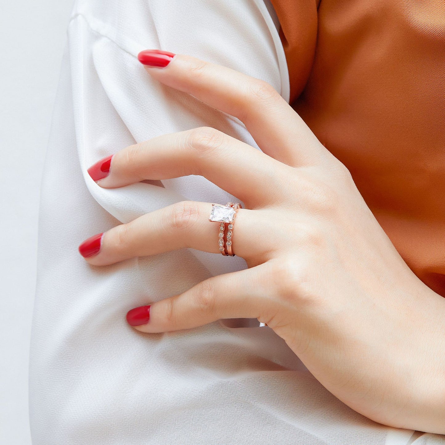 Radiant Cut Zircon with Beading Silver Ring Set