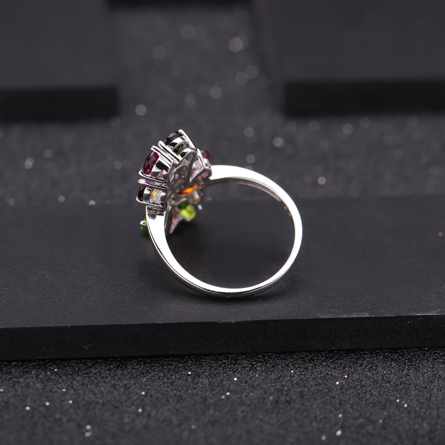 European Retro Design Inlaid Natural Colourful Gemstones Silver Ring for Women