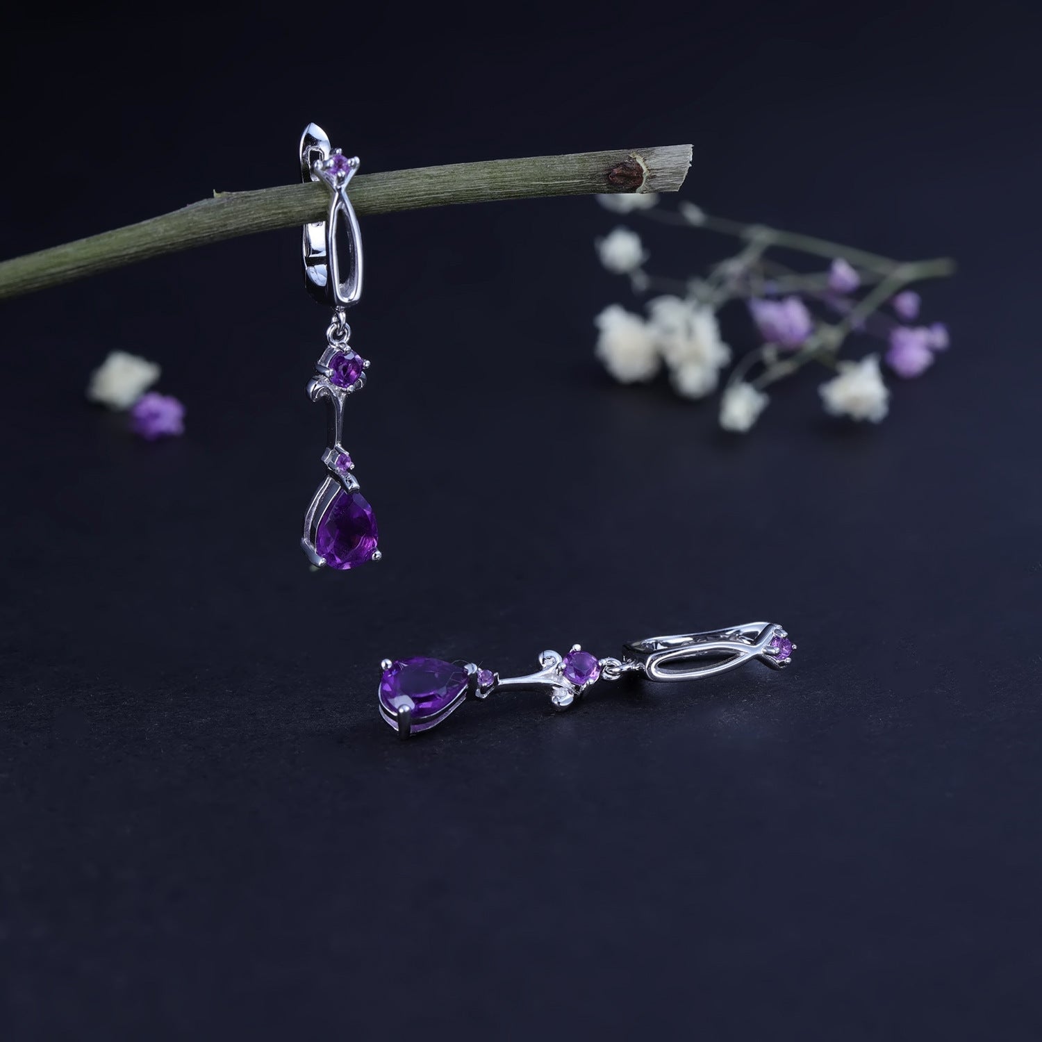 European Inlaid Natural Amethyst Long Style Silver Drop Earrings for Women