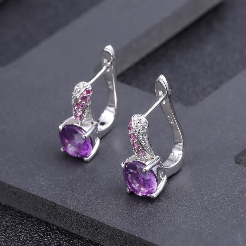 Natural Amethyst Round Cut Silver Studs Earrings for Women